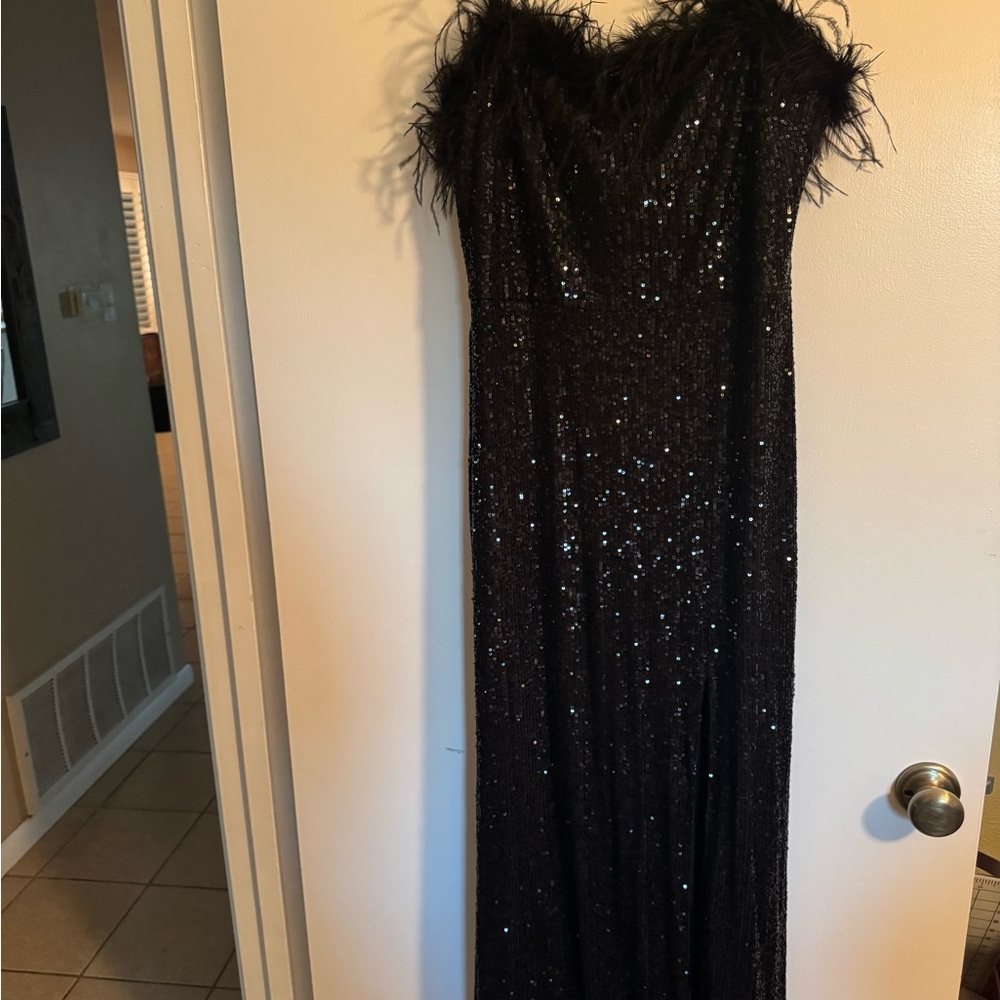 Xscape Black Feather Embellished Dress